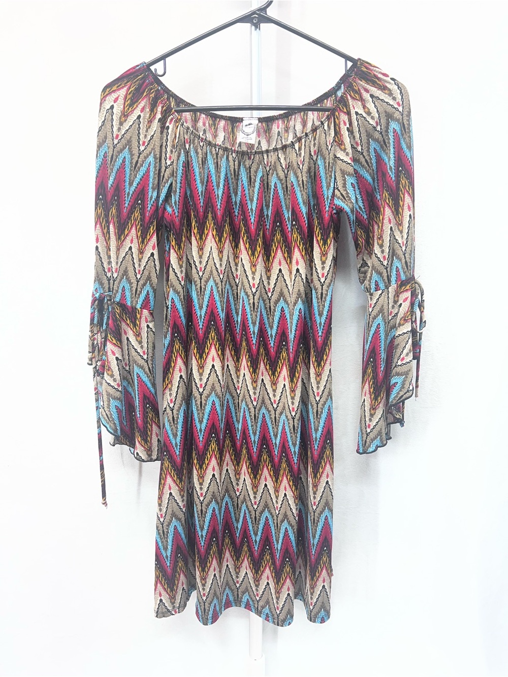 Honeyme Boho Chevron Off-Shoulder Dress in Teal & Magenta